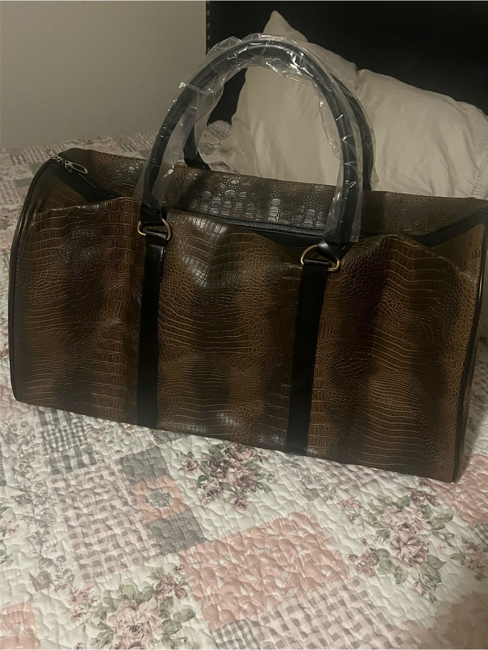 Unisex Brown Textured Travel Duffel Bag with Black Handles